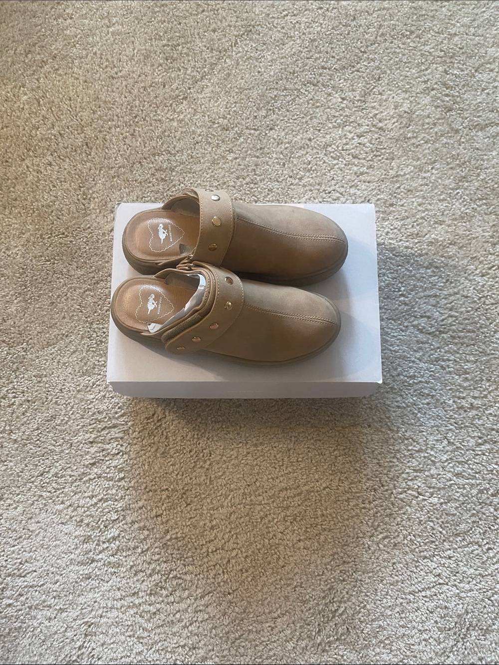 Tan Slip-On Clog Mules with Studded Strap.